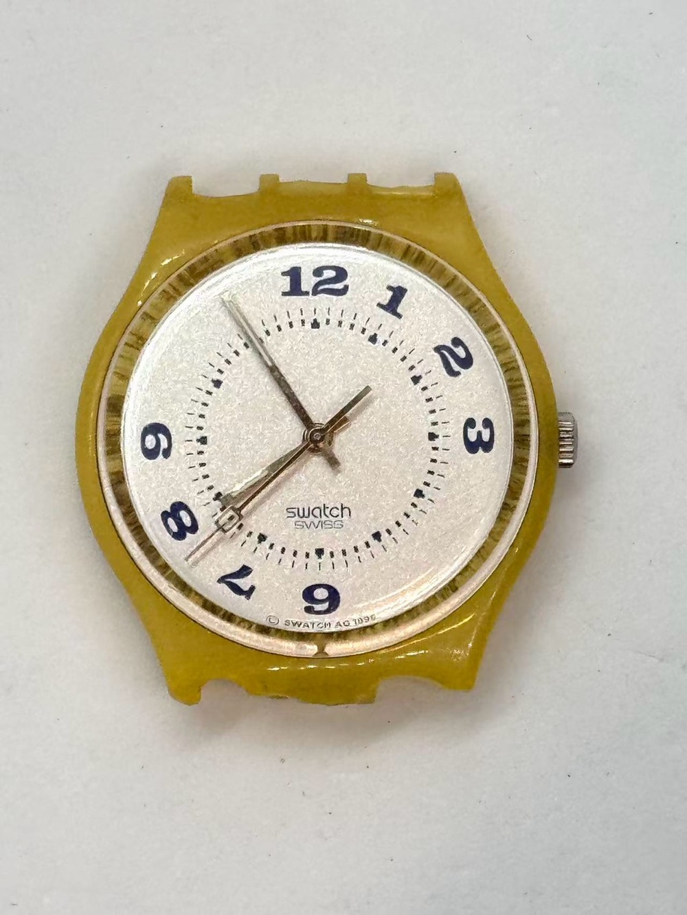 Vintage Swatch Swiss Quartz Watch 35mm Yellow Case Silver Dial New Battery Runs